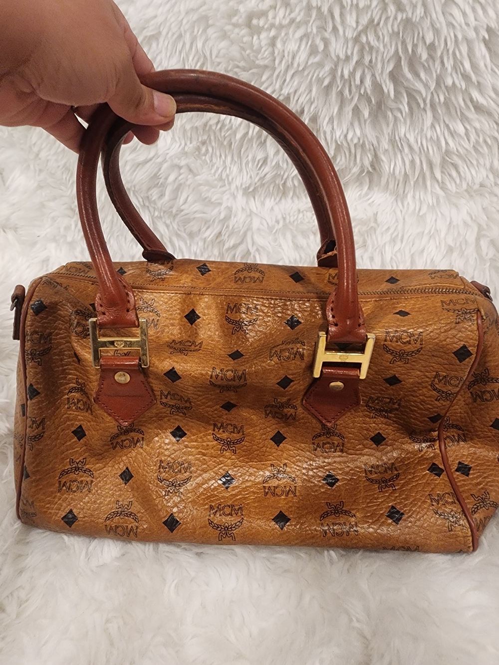 MCM Cognac Visetos Bowling Satchel Bag